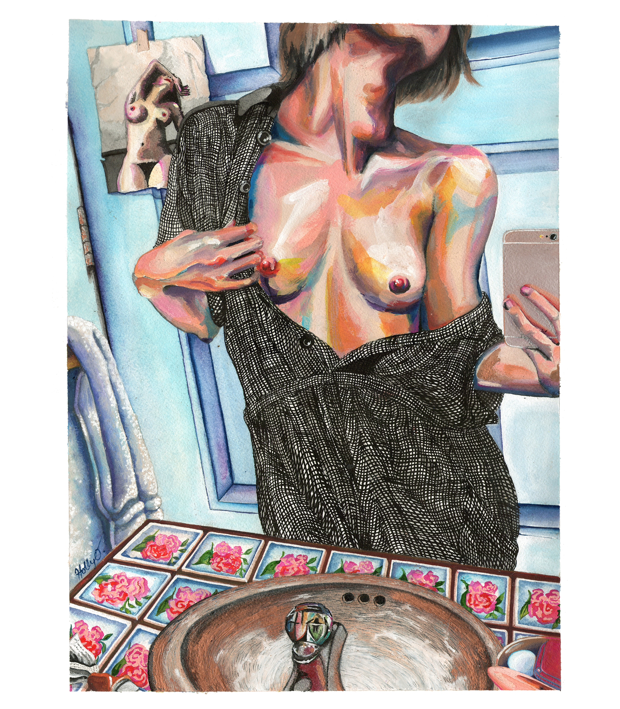 For Me, For Him, 24x16 2020 <br>watercolor, ink, acrylic, oil pastel on paper